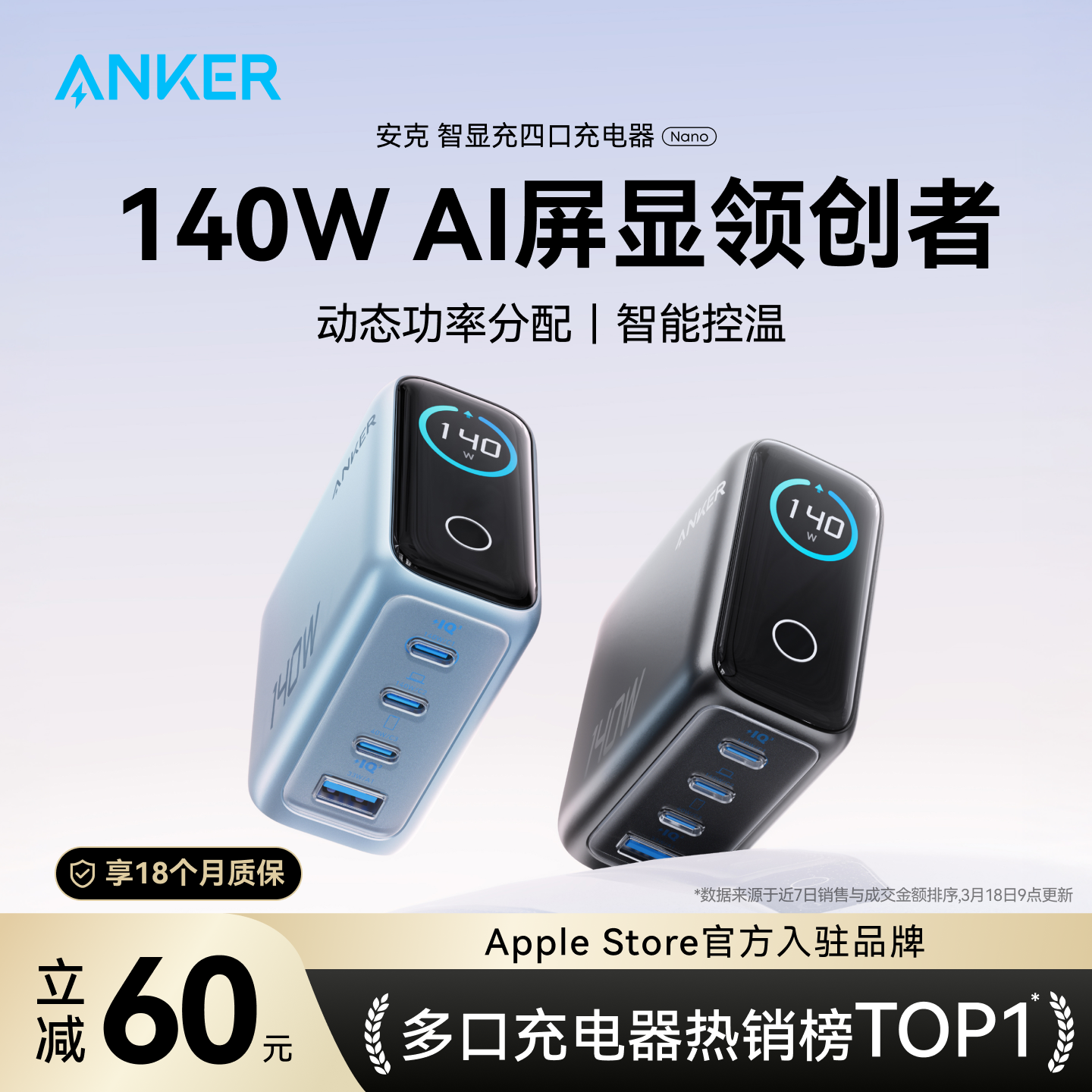 [Национальная сертификация 3C] Зарядное устройство Anker Smart display charger мощностью 140 Вт из нитрида галлия подходит для быстрой зарядки мобильных телефонов Huawei Apple 16iPhone17, планшетов Macbook 13, ноутбуков PD