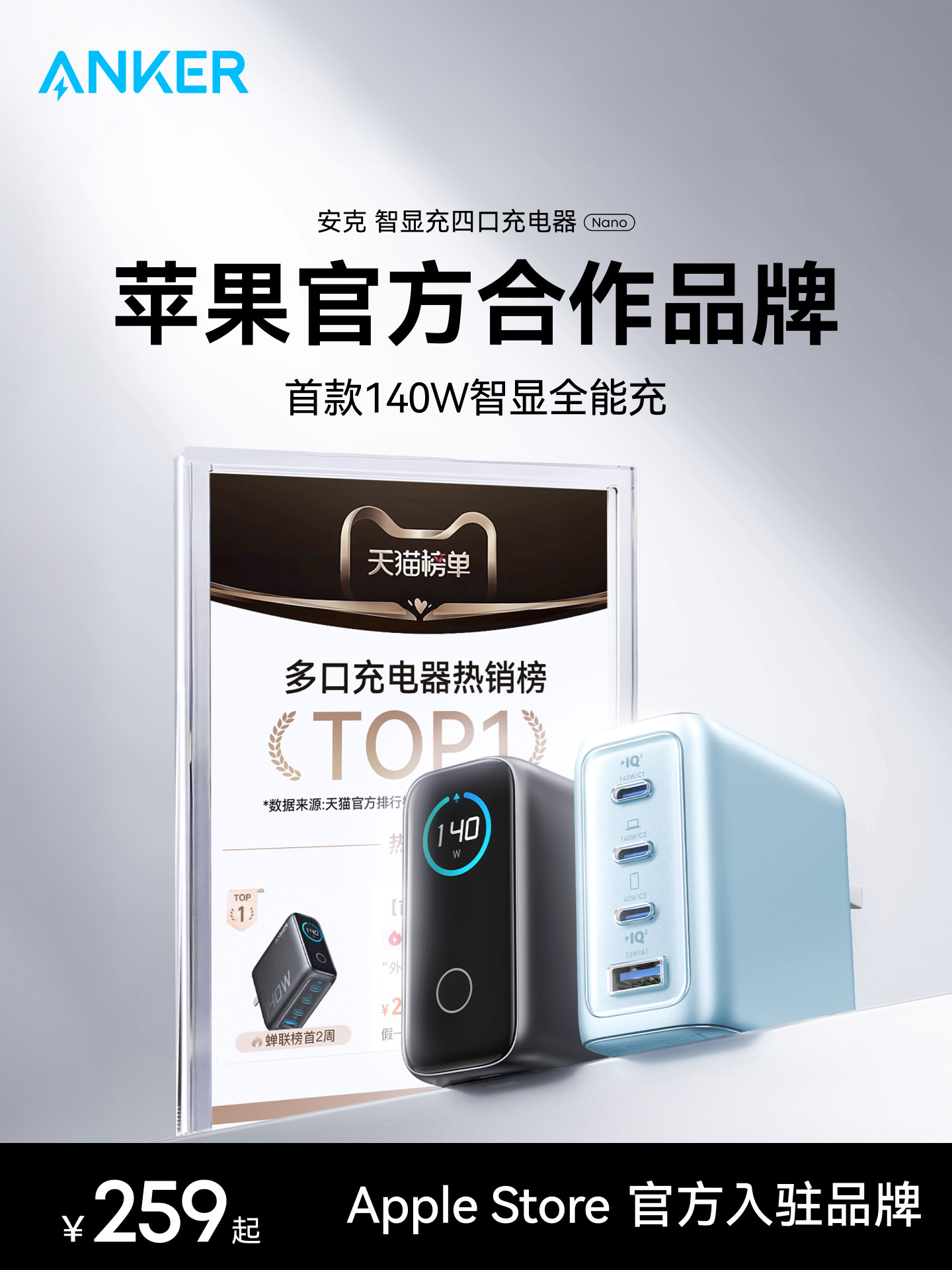 [Innovative Ai Screen Display] Anker 140W Gan Charger Compatible with Apple 17 Pro Max, Fast Charging for Mobile Phones, 15 Macbook, Tablets, and Laptops, Universal