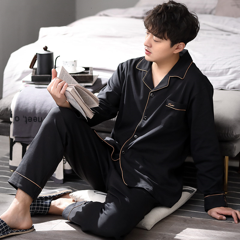 Men's pajamas autumn and winter cotton long-sleeved homewear suit loose large size can be worn outside embroidered cardigan two-piece set