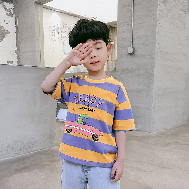 Boy Strip Short - sleeved Han - Edition Children's Pure Cotton T - shirt 2022 Summer Children's Han - sleeved Boy Han - sleeved Top