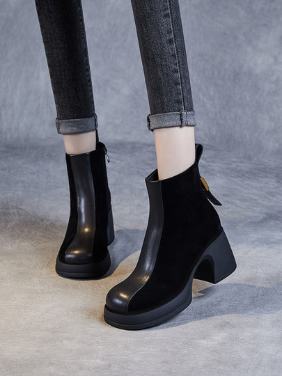 真皮厚底时装靴2025秋季新款粗高跟7cm羊猄皮切尔西加绒女短靴子