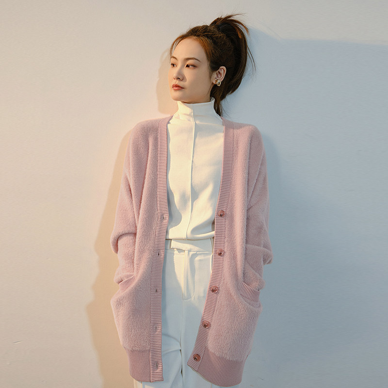 MEYANG MEIYANG (SPOT) CHERRY BLOSSOM GRASS CARDIACAO Warm Soft Glutinous mink wool sweater V-led knitted sweatshirt