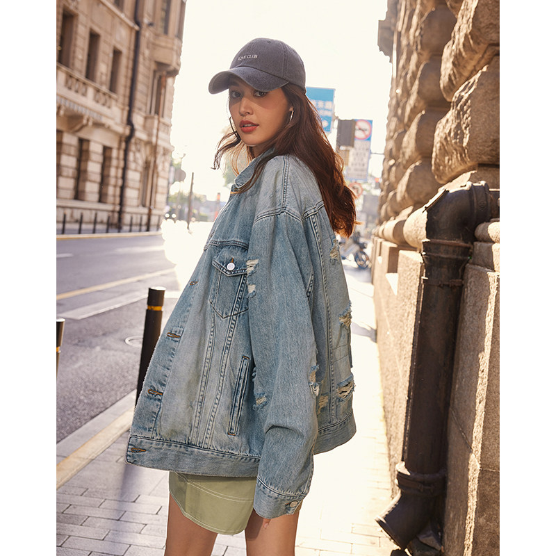 Mei Yang MEIYANG (spot) old Lin same denim coat heavy industry couple models hole loose jacket