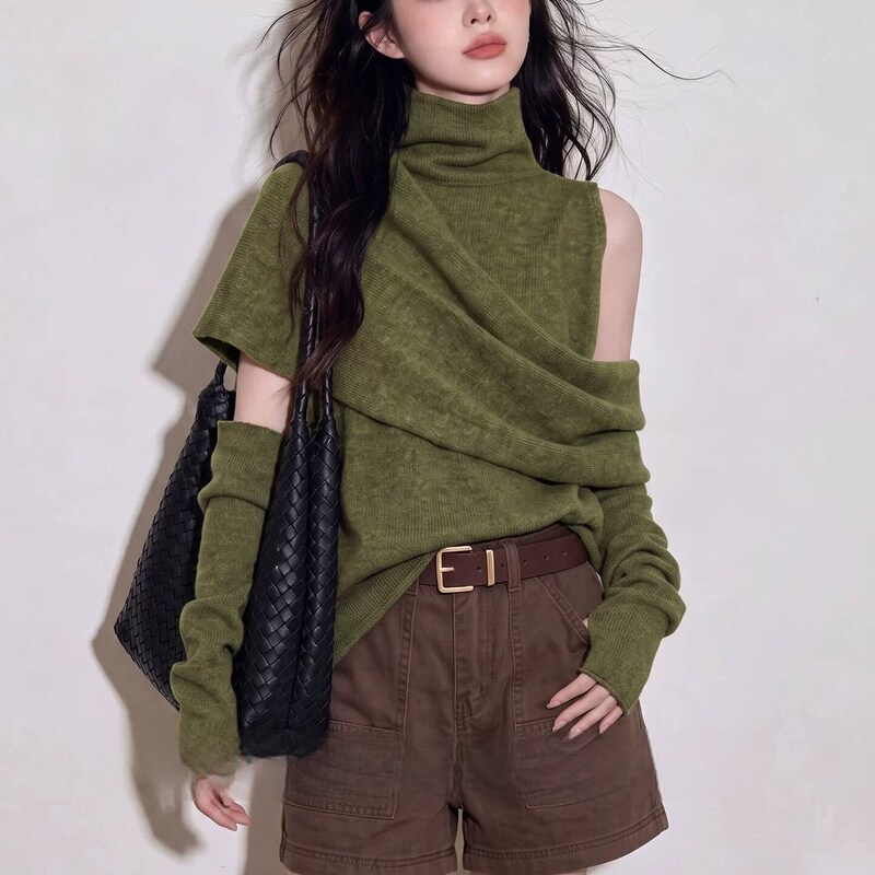 2026 Early Autumn Personalized Design Green Stacked Collar Off-Shoulder Knitted Top with Sleeves Fashionable Top for Women