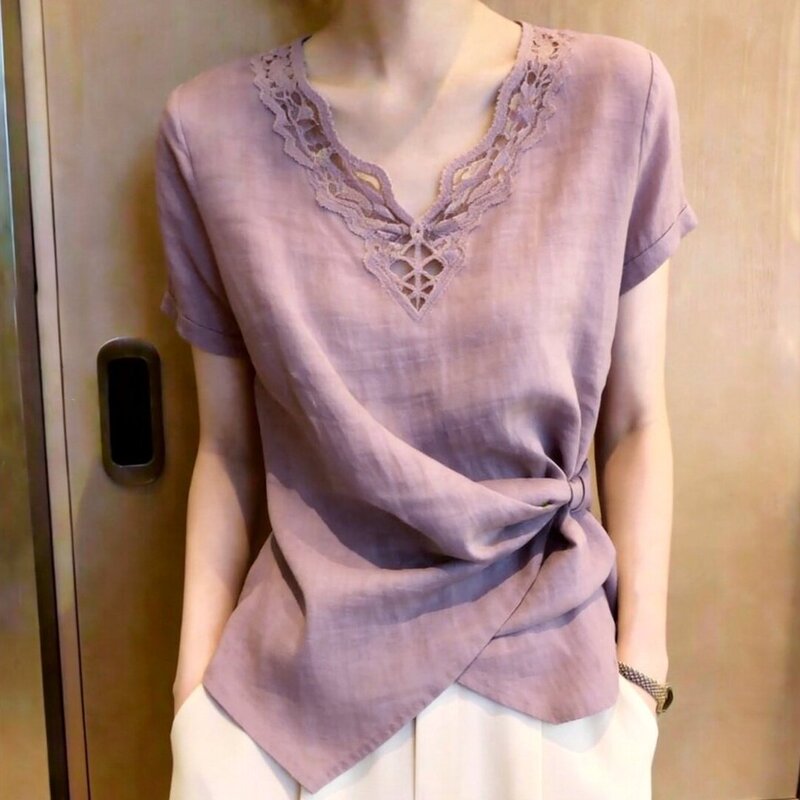 French-Style Lace-Up Waist-Cinching Top for Women, 2026 Summer New Model, Lace-Trimmed, Elegant, Niche Design, Purple Blouse French-Style Lace-Up Waist-Cinching Top for Women, 2026 Summer New Model, Lace-Trimmed, Elegant, Niche Design, Purple Blouse