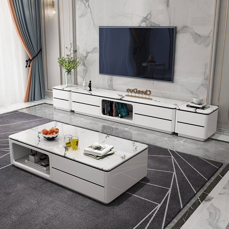 Modern minimalist TV cabinet Tea Table Combo suit Living room 1 6 m Rock surface tempered glass face TV enclosure