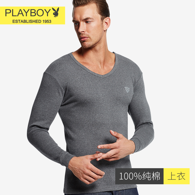 Playboy Men's Thermal Top Winter Cotton One Piece Underwear Cotton Top Autumn Long Sleeve T-Shirt