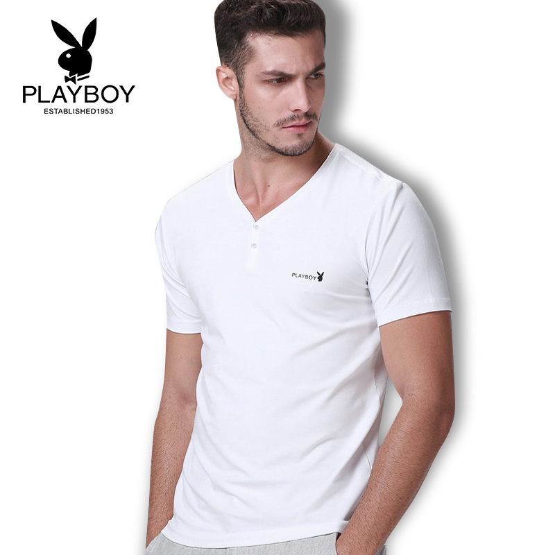 Playboy quần áo mens mùa hè cổ chữ V 2020 bông mới t-shirt vòng cổ xu hướng nửa tay áo ngắn tay phiên bản Hàn Quốc