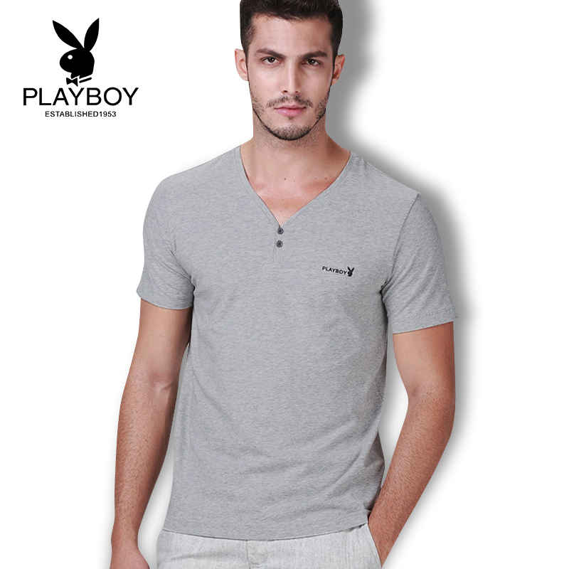 Playboy quần áo mens mùa hè cổ chữ V 2020 bông mới t-shirt vòng cổ xu hướng nửa tay áo ngắn tay phiên bản Hàn Quốc