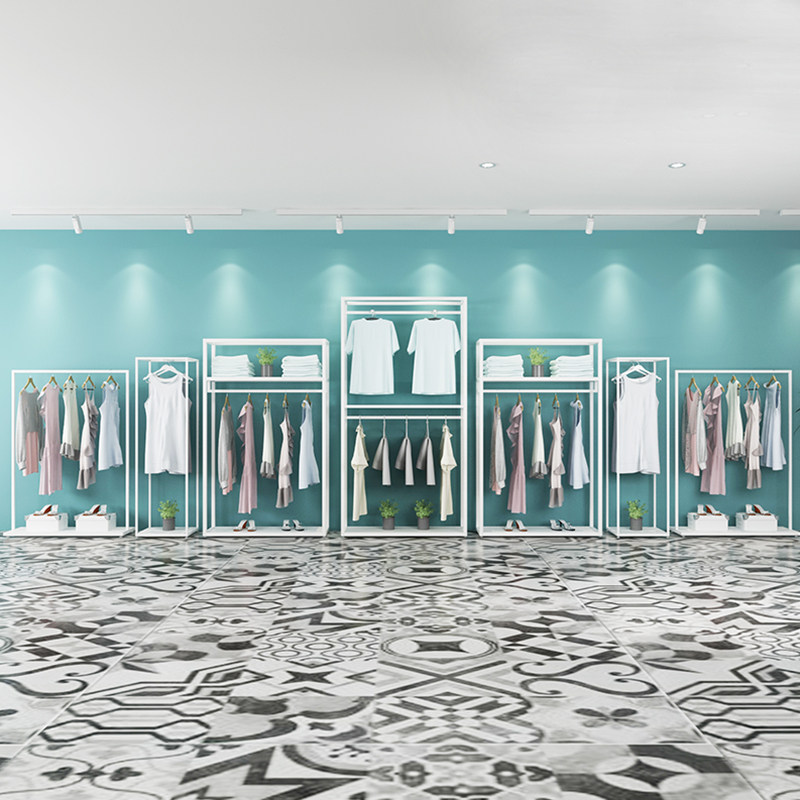 Modern minimal clothing store special clothing display stand white double iron combination hanging clothes shelves