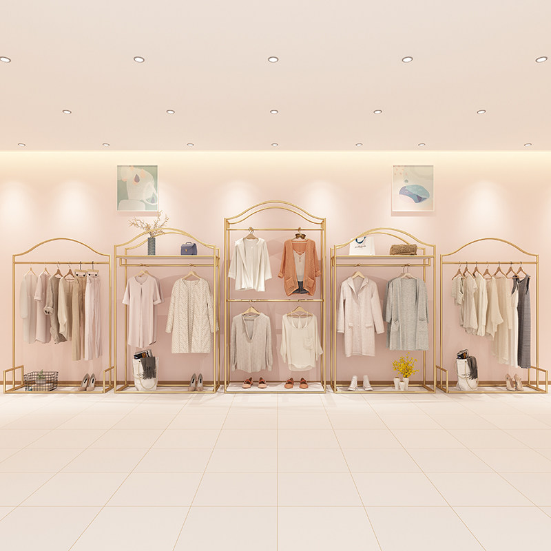High-end women's clothing store floor double-deck light luxury display frame hanging clothes shelves gold
