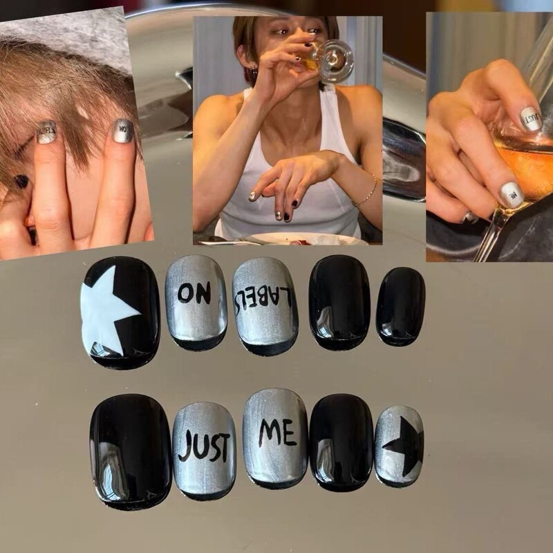 Txt Yeonjun's Same Style Nail Art, Handmade Silver and Black Metallic Effect, Brightening, Hand-Painted, Wearable for Both Men and Women, Short Nails
