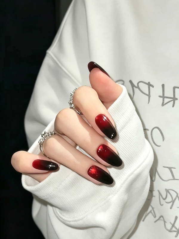 Black and Red Gradient Glass Bead Cat-Eye Spicy Girl Handmade Medium-Length Nails with a High-End Feel, Brightening and Simple Elegant Lady Nail Stickers