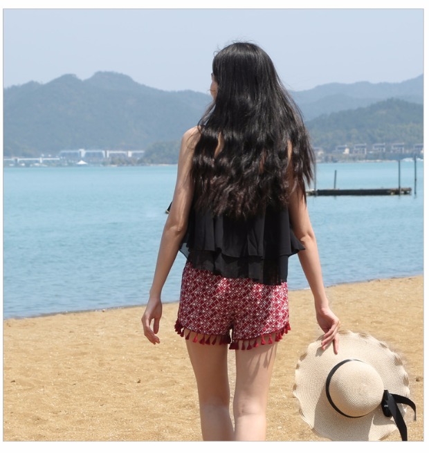 Quần short đi biển nữ 2018 mới quần ống rộng boho cho kỳ nghỉ hè hoang dã tua cao eo cao mẫu quần sooc nữ đẹp 2021