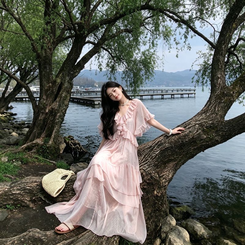 [Same Style as Yi Mengling] Pink Dress, Summer Women's French-Style Ruffled Cake Dress, Super Fairy-Like and Gentle Long Dress