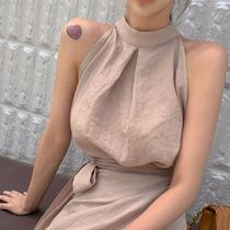 South Korea salty sweet 2021 winter and autumn new Hepburn style short high collar sleeveless chiffon shirt skirt two-piece