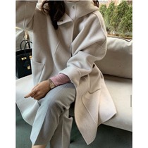 2021 Autumn New Korean loose Hepburn wind over the knee long coat small man hooded woolen coat women