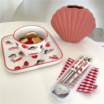 Japanese strawberry cute cartoon girl heart ceramic tableware breakfast plate mixing noodle plate dessert salad bowl oatmeal bowl