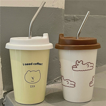 Korean wind ins cream cartoon with lid straw ceramic cup Coffee Milk Cup breakfast cup mug