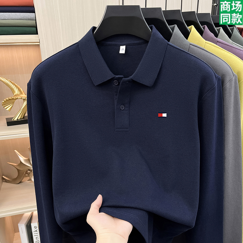 American Tommy Men's Long-Sleeved Polo Shirt New Business Casual High-End Pure Cotton Middle-Aged Lapel T-Shirt Base Shirt