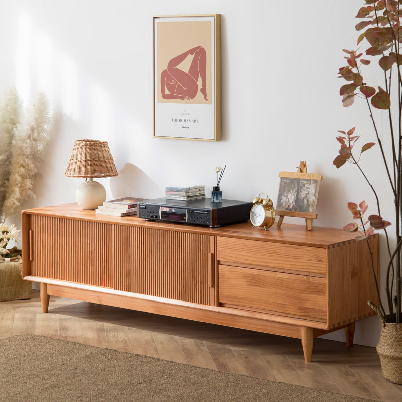Nordic solid wood TV cabinet coffee table combination modern minimalist small apartment living room wall cabinet Japanese log simple floor cabinet
