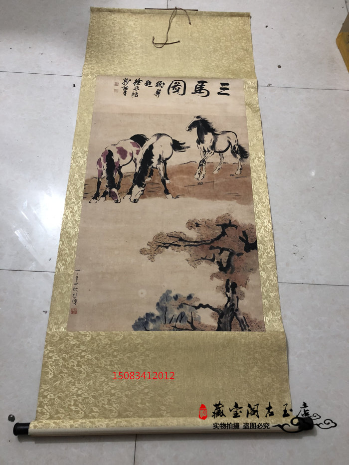 Antique old calligraphy and painting calligraphy and painting collection celebrity calligraphy and painting Xu Beihong three horses picture framed living room scroll calligraphy and painting