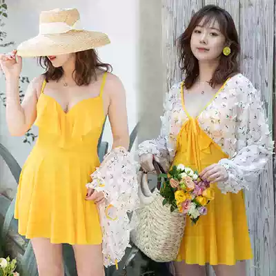 Korean large size swimsuit female fat mmins wind cover belly thin one-piece skirt long-sleeved cover meat hot spring sexy big chest