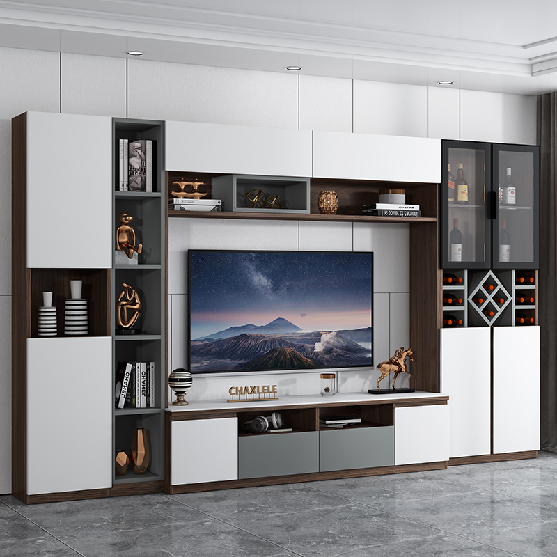 Living room all solid wood combination TV wall cabinet floor cabinet 65 inch TV cabinet overall background wall integrated cabinet light luxury wine cabinet