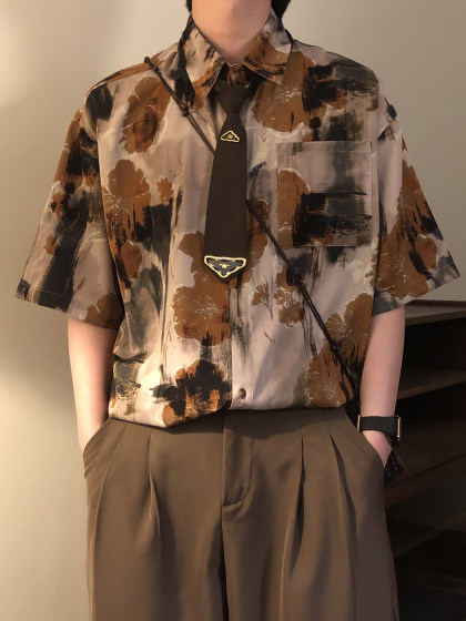 Nagawl夏季美式复古休闲水墨晕染艺术感港风短袖花衬衫上衣男女潮