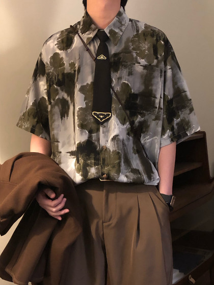 Nagawl夏季美式复古休闲水墨晕染艺术感港风短袖花衬衫上衣男女潮
