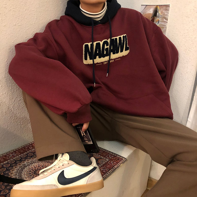 NAGAWL autumnal winter days towels embroidered letters wine red colewear men and women American retro loose with velvety coat wave-Taobao