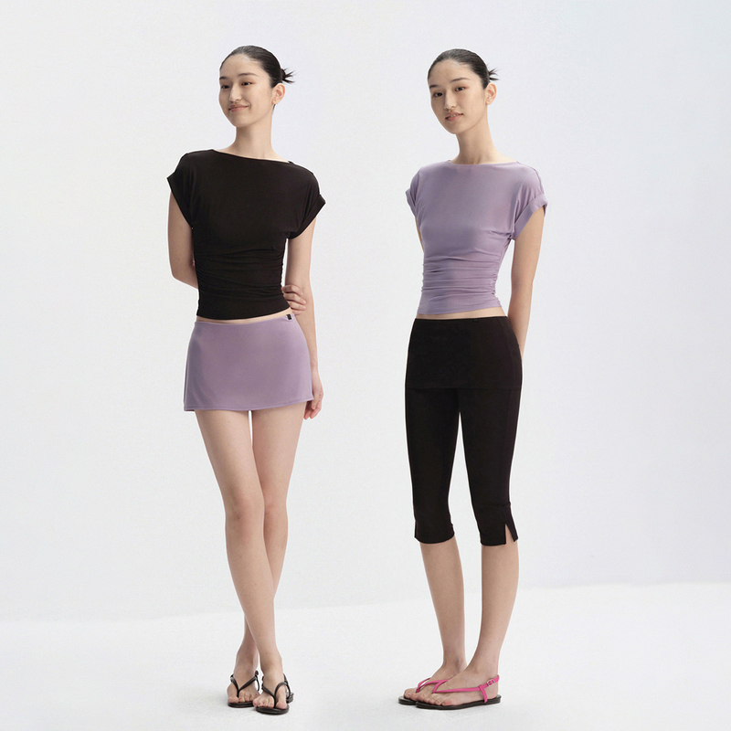 Ra Everyday Off-Shoulder Waist-Cinching Batwing Sleeve Short-Sleeve T-Shirt Mint Blue/Purple/Black