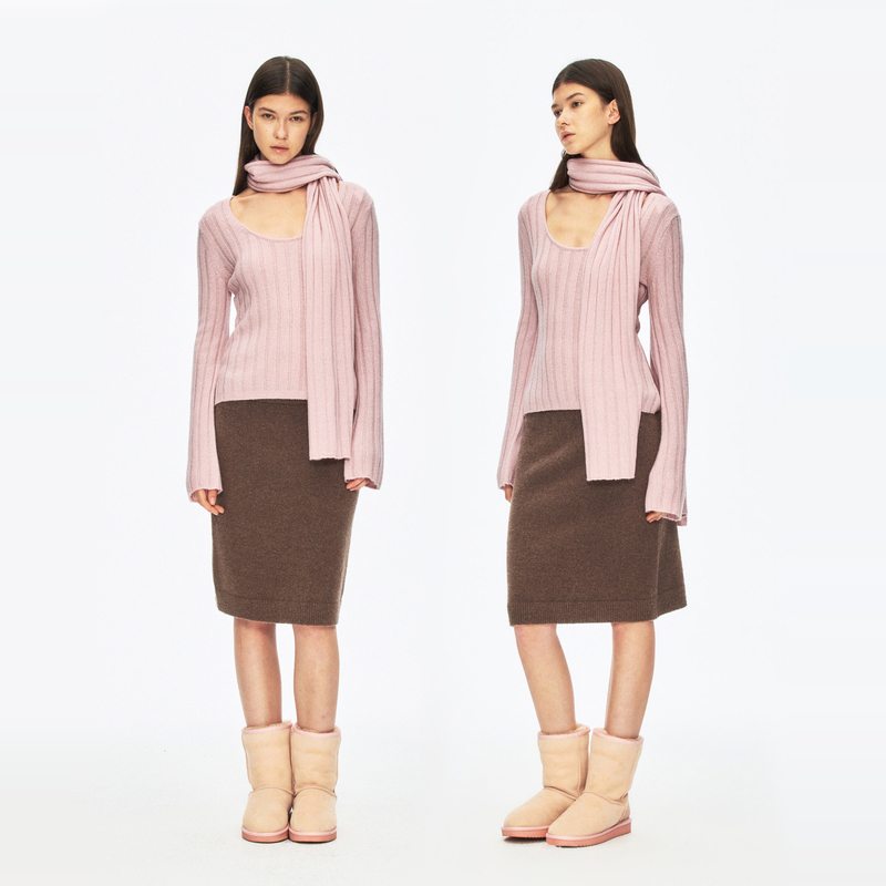 Ra Everyday U-Neck Flared Sleeve Cashmere and Mulberry Silk Blend Sweater in Raw Chocolate Color/Snow Mist Pink/Snow Frost White
