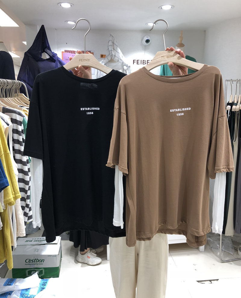 Not this summer's new round neck letter fake two-piece thin T-shirt female all-match Hong Kong style loose sun protection clothing 18130