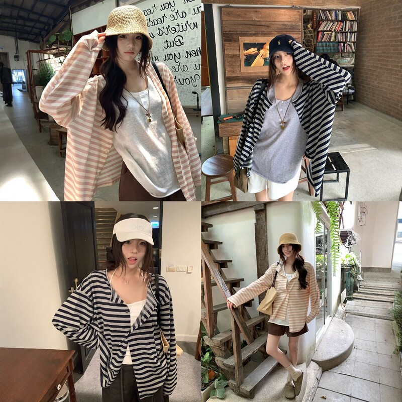 Japanese-Style Striped Sun-Protective Cardigan for Women, Summer Thin Breathable Casual Versatile Air-Conditioning Shirt, Loose Slimming Outerwear Japanese-Style Striped Sun-Protective Cardigan for Women, Summer Thin Breathable Casual Versatile Air-Conditioning Shirt, Loose Slimming Outerwear
