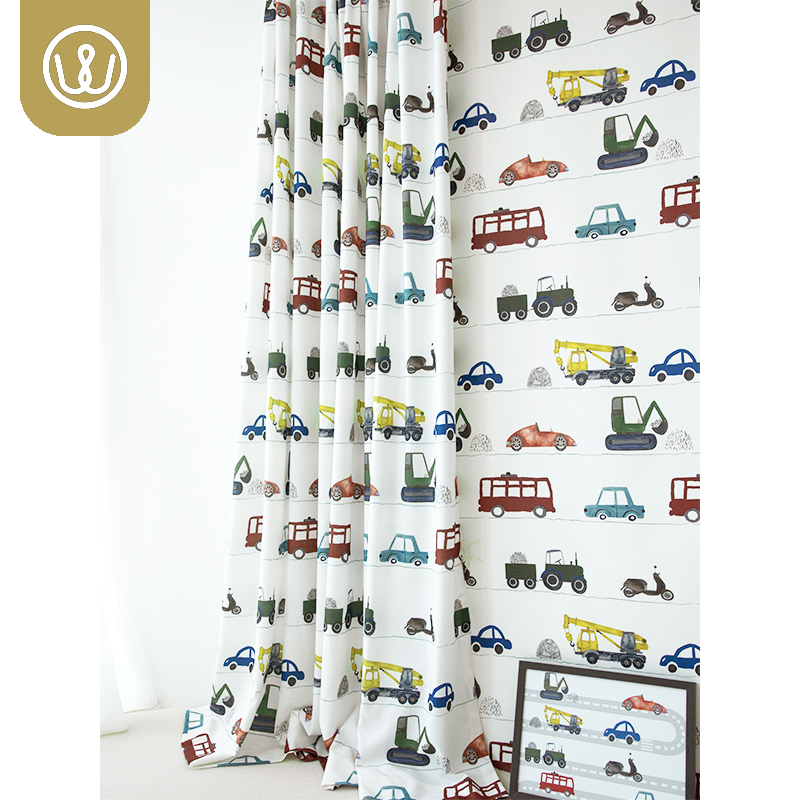 House Wife Printed Custom Color Engineering Car Comics Cute Hand-painted Style Excavators Cotton Hemp Cartoon Boy Curtains-Taobao