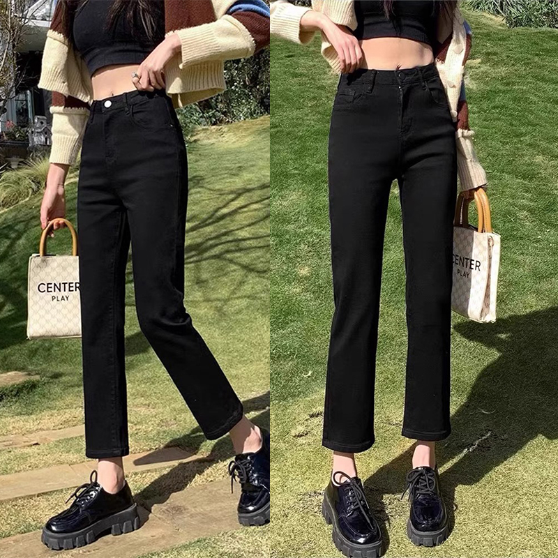Black Straight-Leg Jeans for Women 2025 Spring and Autumn Popular Style Petite Cropped Cigarette Pants Korean Style Thin Version