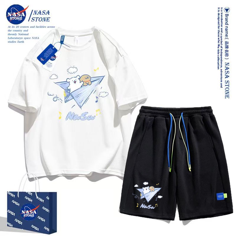 Nasa Co-Branded Cartoon Short-Sleeved Shorts Set 2025 Summer Trendy Brand Pure Cotton T-Shirt Men's and Women's Sports Shorts