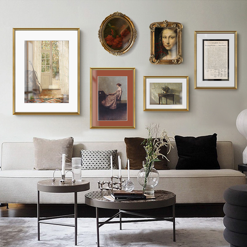 French sofa background decorative painting Light luxury retro niche art wall painting Living room mural villa combination wall painting