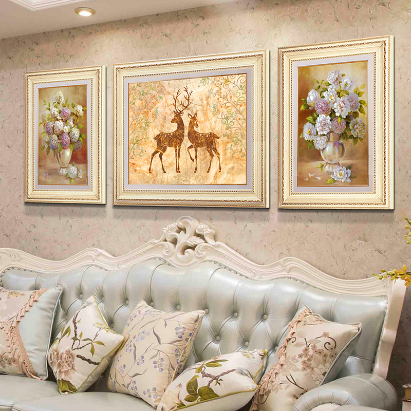 European-style living room decoration painting brief luxury sofa background wall atmosphere triple hanging painting American elk restaurant murals