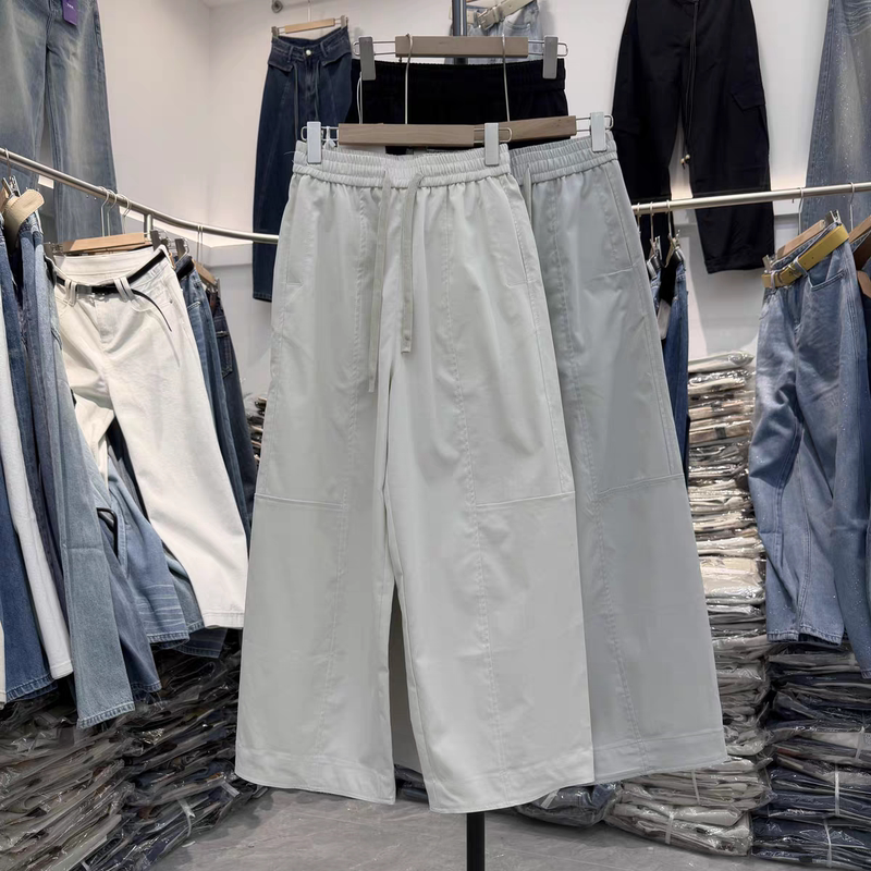 Jeans Yiren 82290 Summer Relaxed Fit Elastic Waist Drawstring Casual Wide-Leg Pants Thin Material Draped Nine-Quarter Length Granny Pants