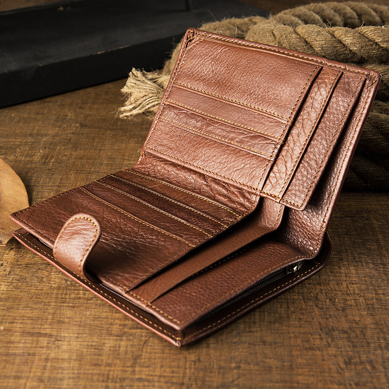Original handmade literary vertical cowhide wallet Men's short large capacity soft leather leather wallet Simple buckle wallet