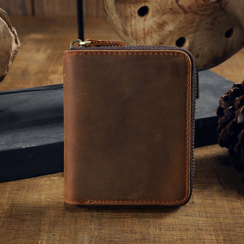 Handmade zipper small wallet men's short section genuine leather crazy horse leather horizontal section vertical section small wallet small clutch bag simple cowhide