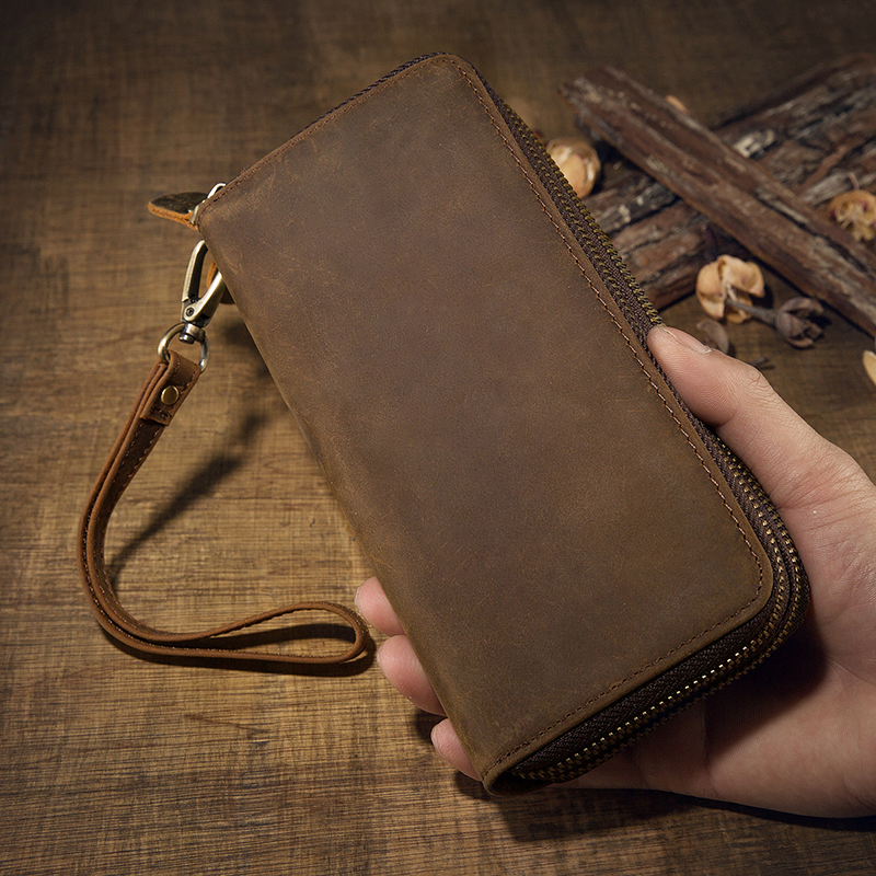 Original insane horse leather long version double pull chain wallet men multi-position cow leather retro hand bag genuine leather large capacity