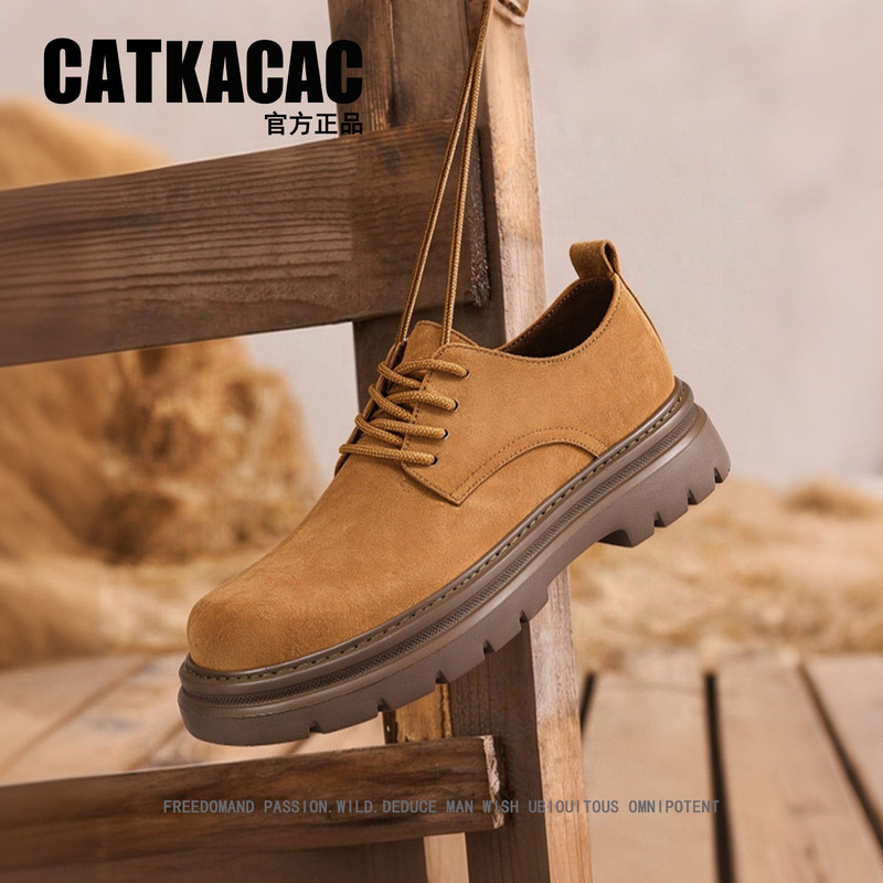 American Catkacac Work Shoes for Men, Autumn Genuine Leather Retro Derby Leather Shoes, Men's Outdoor Low-Top Martin Boots