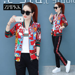 高端定制品牌ZPLPKK 运动套装女新款时尚休闲印花三件套棒球服