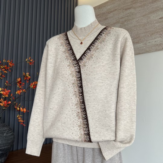 新款妈妈装冬季针织一体绒假两件上衣长袖半高领保暖中老年女毛衣