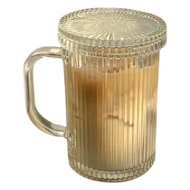 Simple vertical striped glass household water cup beverage cup with lid high-value milk cup breakfast cup Huanghe 1117