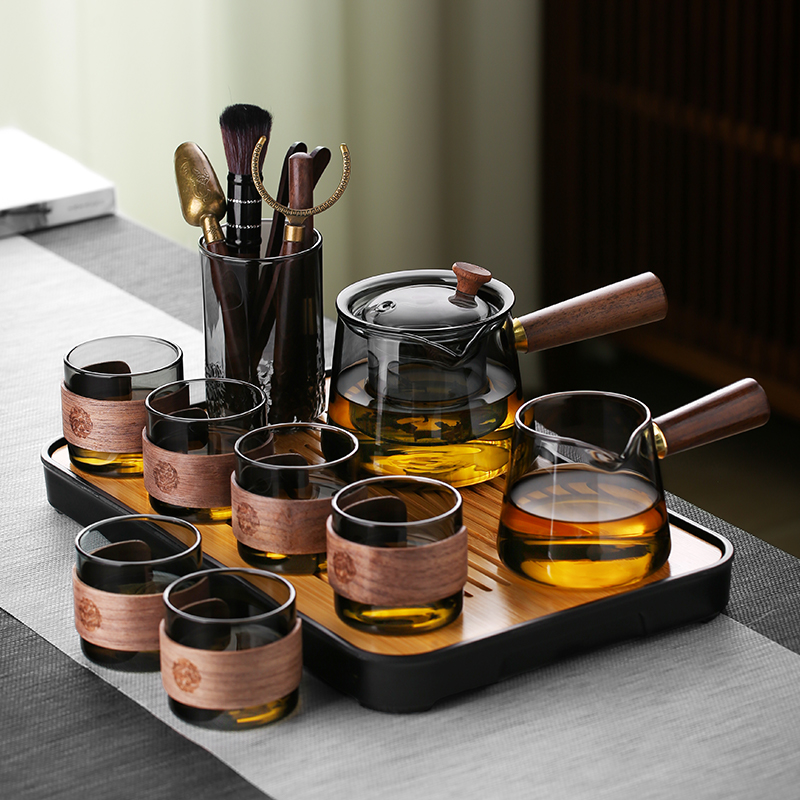 Glass tea set suit Home tea tray Small office Living room drinking tea Gongfu tea cup Heat-resistant tea pot 489-Taobao