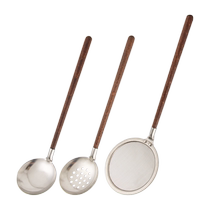 Walnut anti-scald handle soup spoon colander 304 stainless steel household soup serving hot pot large ramen spoon 729